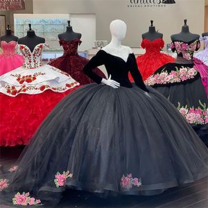 Vintage noir velours Quinceanera robes robes De 15 Anos seize fête d'anniversaire Halloween doux 16 quinze XV robe 2024 élégante débutante robe de bal fleur