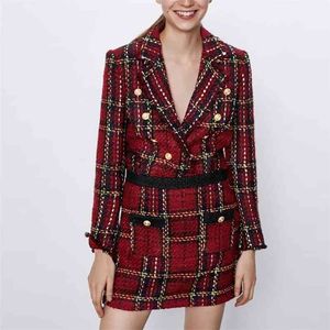 Vintage Blazer Rok Twee Stuk Set Vrouwen Elegante Rode Tweed + Plaid Casual Party Club Outfits 210521