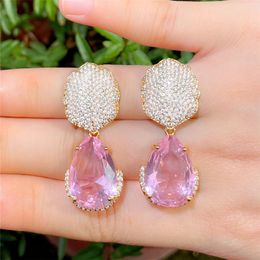 Vintage Bling Crystal Flower Diamond Earring Designer voor vrouwen Dancing Party Pink AAA Cubic Zirconia Copper Oorringen Dames Betrokkenheid Wedding Sieraden