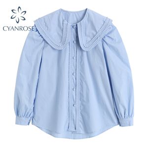 Blouses et chemises vintage femmes manches longues rétro froncé simple boutonnage Peter Pan col élégant lâche coréen Ins Blusas Tops 210417