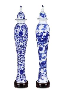 Vase en céramique Vintage en porcelaine bleue et blanche avec couvercle, artisanat d'art, décoration créative de fleurs florales minces, Vases5442735