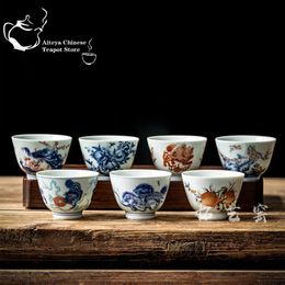 Copa de té azul y blanca vintage Cerámica hecha a mano Kung Fu soltera Pequeño 240422