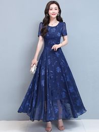 Vintage bleu vêtements pour femmes Maxi robe en mousseline de soie fête florale élégant Boho été mode coréenne longue Chic robes de soirée 240314
