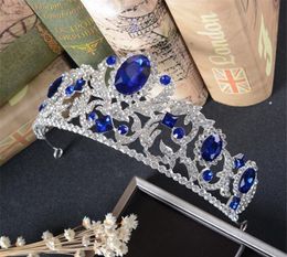 Vintage azul cristal corona Rhinestone Tiara boda nupcial accesorios para el cabello tocado diadema joyería plata tocado de graduación Princ1799