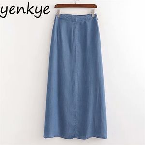 Vintage bleu Denim jupe femmes dos fermeture éclair poche taille haute décontracté longue Maxi faldas mujer grande balançoire été jupe femme 210514