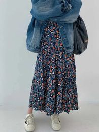 Falda de estampado de flores azules vintage para mujeres Summer alta cintura Aline faldas perezosas Allmatch Midlength Faldas Faldas 240420