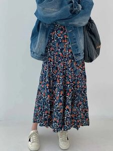 Vintage blauwe bloemprint rok voor vrouwen zomer hoge taille a-line rokken lui all-match midden-lengte losse faldas mujer 240407