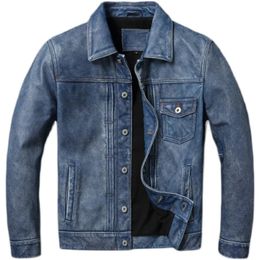 Vintage bleu véritable veste en cuir hommes 506 Style coupe ajustée courte peau de vache hommes manteau automne 240130