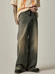 Jean bleu Vintage pour hommes, vêtements printemps et automne, trous, pantalon droit Y2K, poche à boutons, pantalon ample, A030 240124