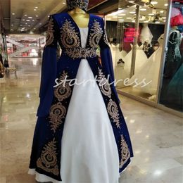 Vintage Blauwe Kaftan Marokkaanse Trouwjurk 2024 Lange Mouwen Kralen Gelinlik Historische Islamitische Moslim Bruidsjurken Appliques Vloerlengte Bruidjurk Mariage
