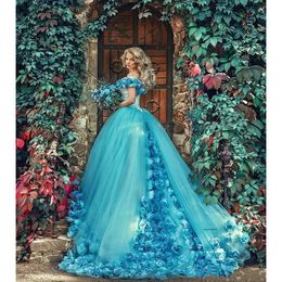 Vintage Blue Quinceanera Ball Jurk Fairy Hand Made Bloemen Off Shoulder Tule Sweet 16 Vestidos de 15 Anos Birthday Jurken 0431