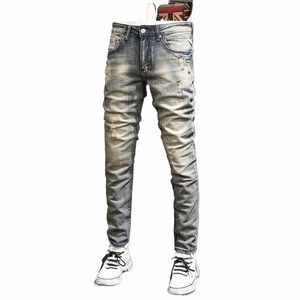 Vintage Blue Ripped Jeans Hommes Casual Rétro Cowboy Slim Fit Pantalon droit Cott Streetwear Stretch Denim Pantalon R0bP #