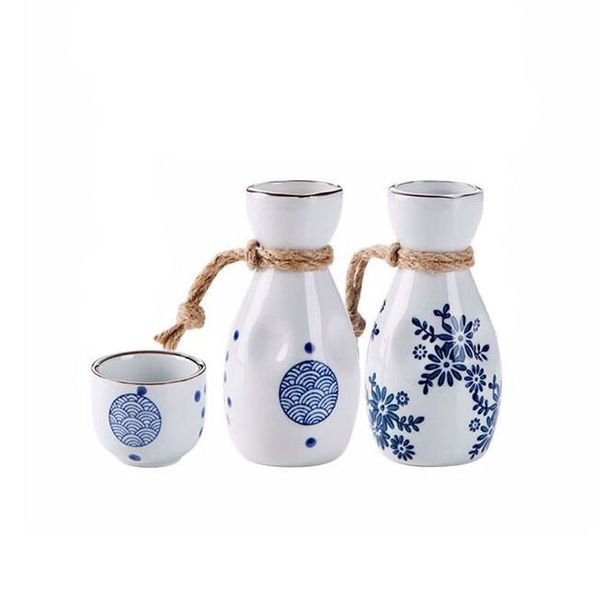 Vintage bleu saké Tokkuri Ochoko Style japonais bouteille de vin hanche flacon tasses ensemble fabriqué à la main vague de mer motif Uncaria