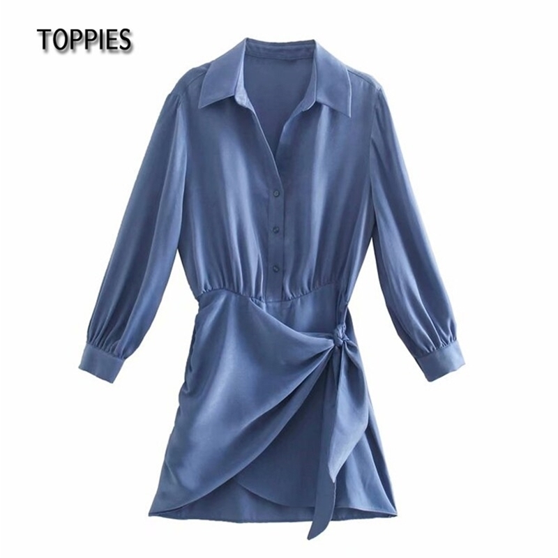 Vestido de camisa azul vintage mulheres manga comprida vestidos nó arco assimétrico hem seda cetim 210421