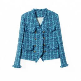 Vintage Blue Tweed Jacket Designer Women Clothing Herfst Winterjas Blazer Kantoor Lady Korean Chic Fringe Buttons Luxe Coats 240506