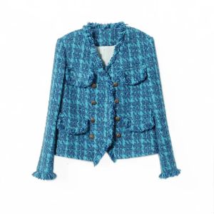Vintage Blue Tweed Jacket Designer Femmes Vêtements Automne Coat d'hiver Blazer Office Lady Corean Chic Fringe Buttons Mouilles de luxe 240506