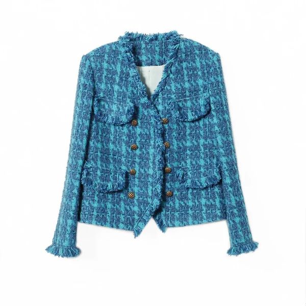 Vintage azul tweed chaqueta diseñador mujer ropa otoño invierno abrigo blazer oficina dama coreano chic flecos botones abrigos de lujo 240201