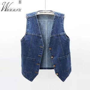 Vintage bleu vcou Denim gilet simple boutonnage été Jean sans manches veste Bf Style basique gilet lavage Chaleco Mujer 240117