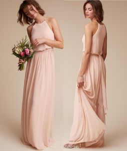 Vintage blush roze chiffon bruidsmeisje jurken halter zipper terug lange bruidsmeisje jurken plooien bruiloft gastenfeestjurken