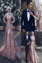 Vintage Blush Rose Muslim Prom Robes formelles avec manches longues Modest Crystal Crystal perle High Neck Overskirt Robe de soirée1683300