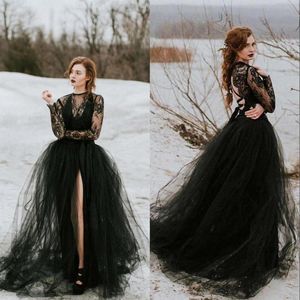 Vintage Bobemian Black Lace Tulle Gothique Robes De Mariée À Manches Longues Sexy Sheer Top Slit Jupe Femmes Non Blanc Robe De Mariée N157a