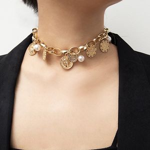 Vintage Boheemse choker kettingen voor vrouwen faux parel munt emboss hanger o vorm gouden zilveren kettingen mode boho sieraden gift