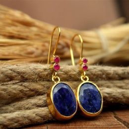Boucles d'oreilles en pierre bleu ovale Bohème vintage pour femmes bijoux de couleur or antique Géométrie en pierre rouge