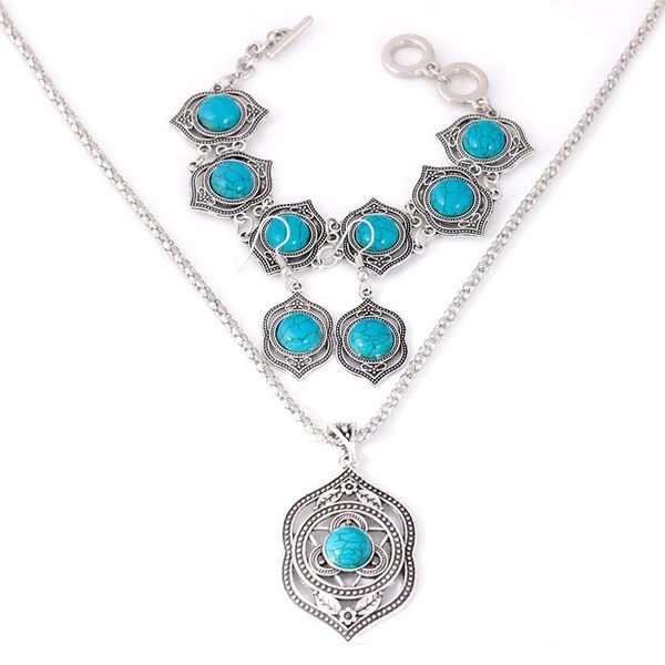 Ensemble de bijoux bohème vintage pour femmes Collares Colliers ethniques exagérés Colliers Bracelets Boucles d'oreilles Turquoises Perles Ensembles de bijoux de fête