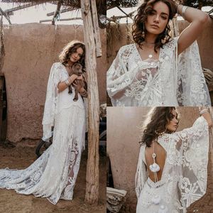 Vintage Bohemian Trouwjurken met Wrap Lace Geappliceerd Sweep Trein V-hals Kwastje Hollow Back Beach Trouwjurk Plus Size Bruidsjurken 4