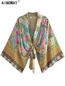 Vintage Boho Kimono Paon Robe Courte Maillots De Bain Femmes Mode Floral Manches Chauve-Souris Rayonne Bohème Bikini Cover Ups Beachwear 240125