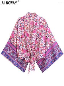 Vintage Boho Kimono Short Robe Swimsuits Femmes Fashion Floral Print Batwing Goues Bohemian Bikini Cover Upswear