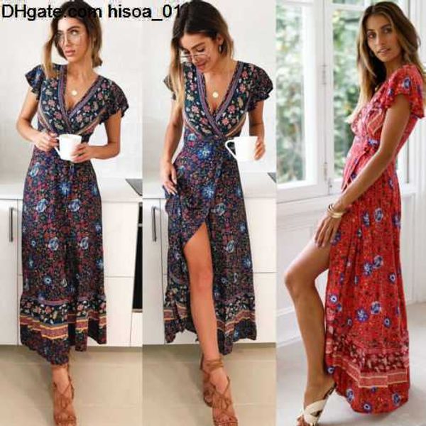 Vestido Vintage bohemio Retro para mujer, con estampado de flores multicolor, volantes, dulce y elegante, manga corta, medio suelto, largo, a la moda