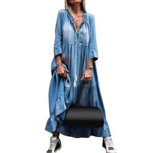 Vintage Boho Style Streetwear Women Lace V Nek 3/4 Mouw Grote zoom Tasel losse vrije tijd Maxi Denim Dress L220705