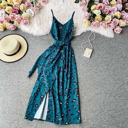 Vintage Boho V-hals Sexy Spaghetti Riem Luipaard Print Midi Long Split DrSummer Bandage Party Drowomen Tuniek Strandjurk X0529