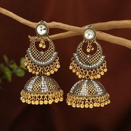 Vintage Bollywood Gold Ploated Jhumka Indiase oorbellen voor dames Bohemia Wit Crystal Hollow Lantern Tassel Drop oorbellen Femmes 240418