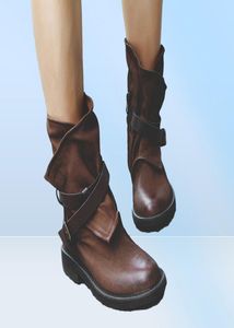 Bottes Vintage femmes mi-mollet bottes en cuir souple chaussures femme automne hiver moto plat zapatos de mujer5062035