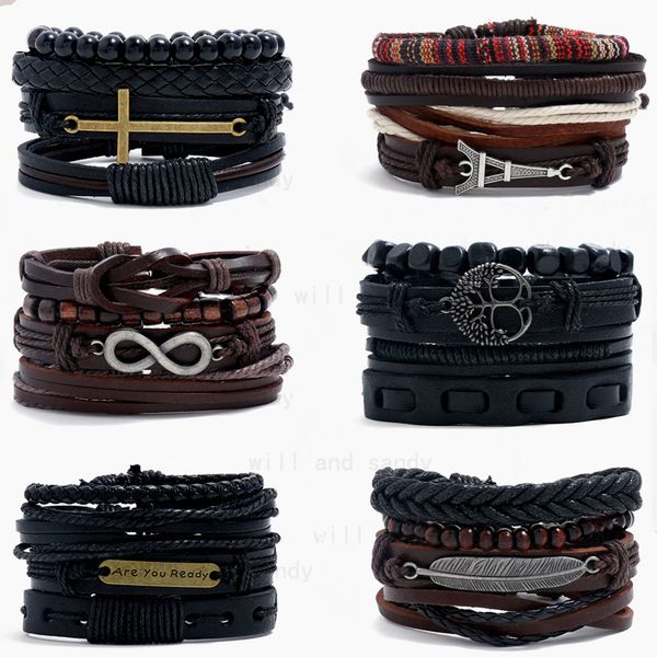 Ensemble de bracelets vintage Croire Arbre de vie Plume Hibou Croix Charme pour Hommes Mode Réglable Wrap Multicouche Bracelet En Cuir Bijoux De Mode