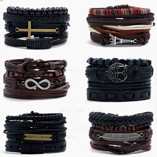 Vintage Braid Wood Bead Strand Leather Wrap Bracelet Bangle Cuff Jesus Cross Owl Leaf Tree of Life Infinity Charm Pulseras para Hombres Mujeres Conjunto de joyería de moda