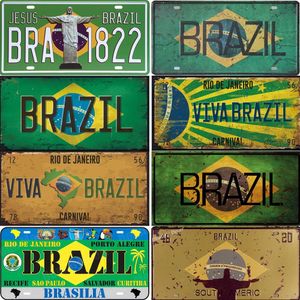 Vintage Brazilië Auto Number Poster Kenteken Populaire stad Brazilië Nationale vlag Retro tinnen borden Home Decor Stickers 15x30cm Woo