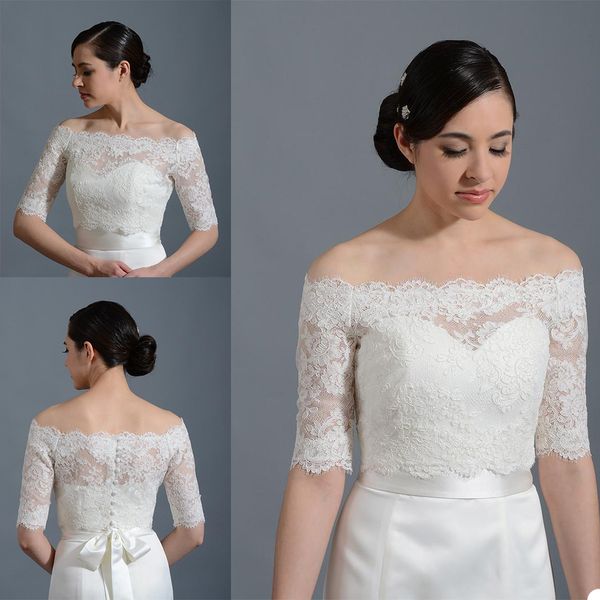 Vestes de mariée vintage, épaules dénudées, demi-manches, boléro de mariage, haut de mariage, nouvelles appliques en dentelle, sur mesure, bouton au dos, accessoires de mariée, 2020