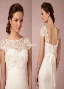 Veste de mariée vintage en dentelle, col bateau transparent avec illusion, manches courtes, perles, dos nu, ceinture à nouer, vestes de mariage pour les mariées 2022775012