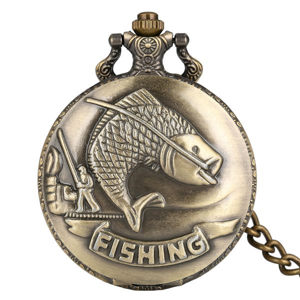 Reloj de bolsillo de cuarzo con diseño de pesca de bronce Vintage para hombres y mujeres colgantes cadena regalo presente