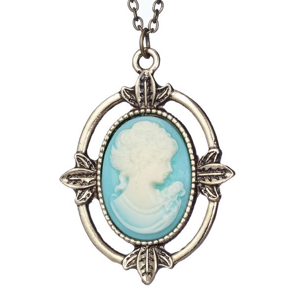 Collier camée bleu clair en bronze vintage The Vampire Diaries Katherine Beauty Head Portrait Long Chain Necklace