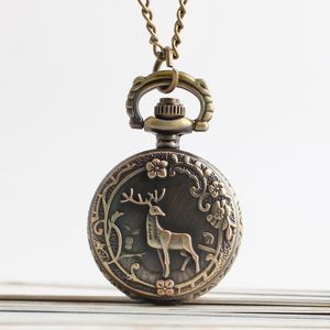 Vintage Bronze Quartz ELK Pocket Watch Collier Pendentif Chaîne Cadeaux pour Hommes Femmes