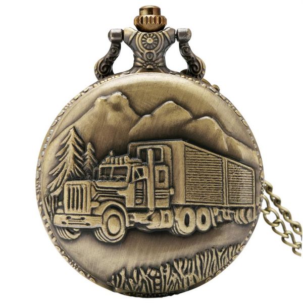 Vintage bronce Retro camión grande bosque árbol reloj de bolsillo cuarzo analógico relojes collar cadena para conductor de coche hombres mujeres Gift275u