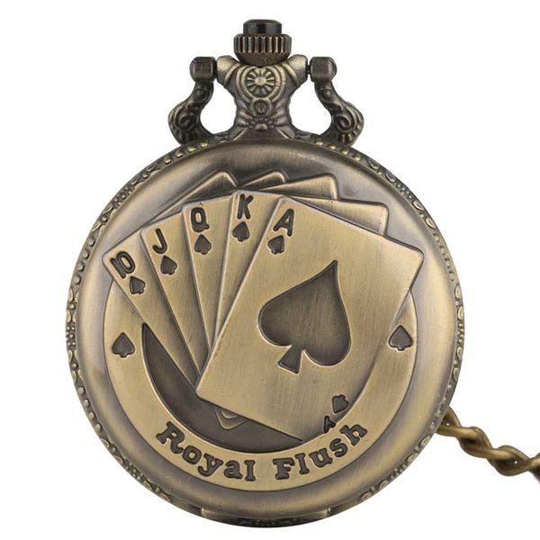 Vintage Bronce Royal Flush Poker Diseño Cuarzo Reloj de bolsillo Steampunk Cool COLLAR COLGANTE Cadena para Hombres Mujeres