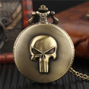 Vintage Bronze Skull Case Quartz Analog Pocket Watch Fashion Necklace Chain Antique Style FOB Romeinse Numerals horloges