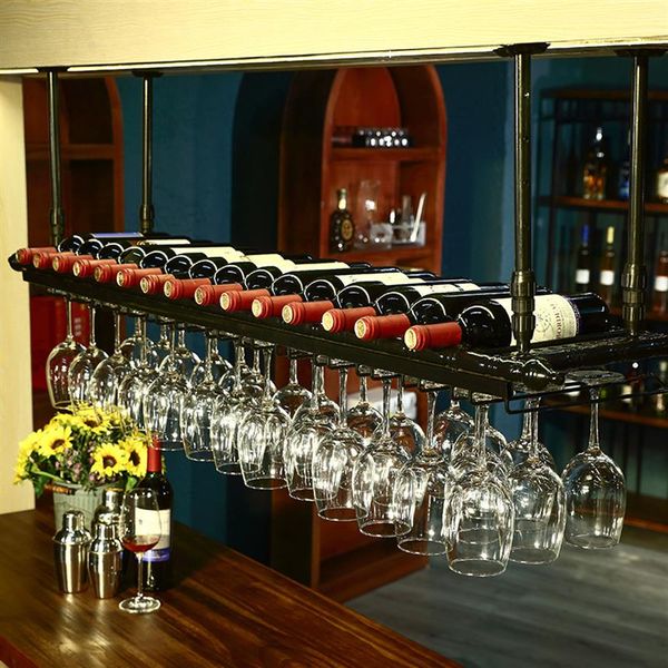 Vintage bronziertes schwarzes Eisen-Metallguss-Decke hängen kopfüber Weinkelchhalter hohe Gläser Flaschenaufbewahrung Bar Pub Racks308S