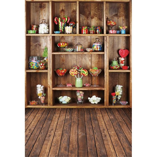 Vintage brun Cabinet coloré bonbons photographie décors plancher de bois imprimé enfants arrière-plans en vinyle pour Studio Photo