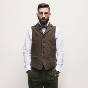 Vintage Bruin Bruidegom Vesten 2019 Tweed Vest Wol Herringbone Vijf Knopen Groomsman Mannen Vesten Slanke Fit Bruiloft Gilet